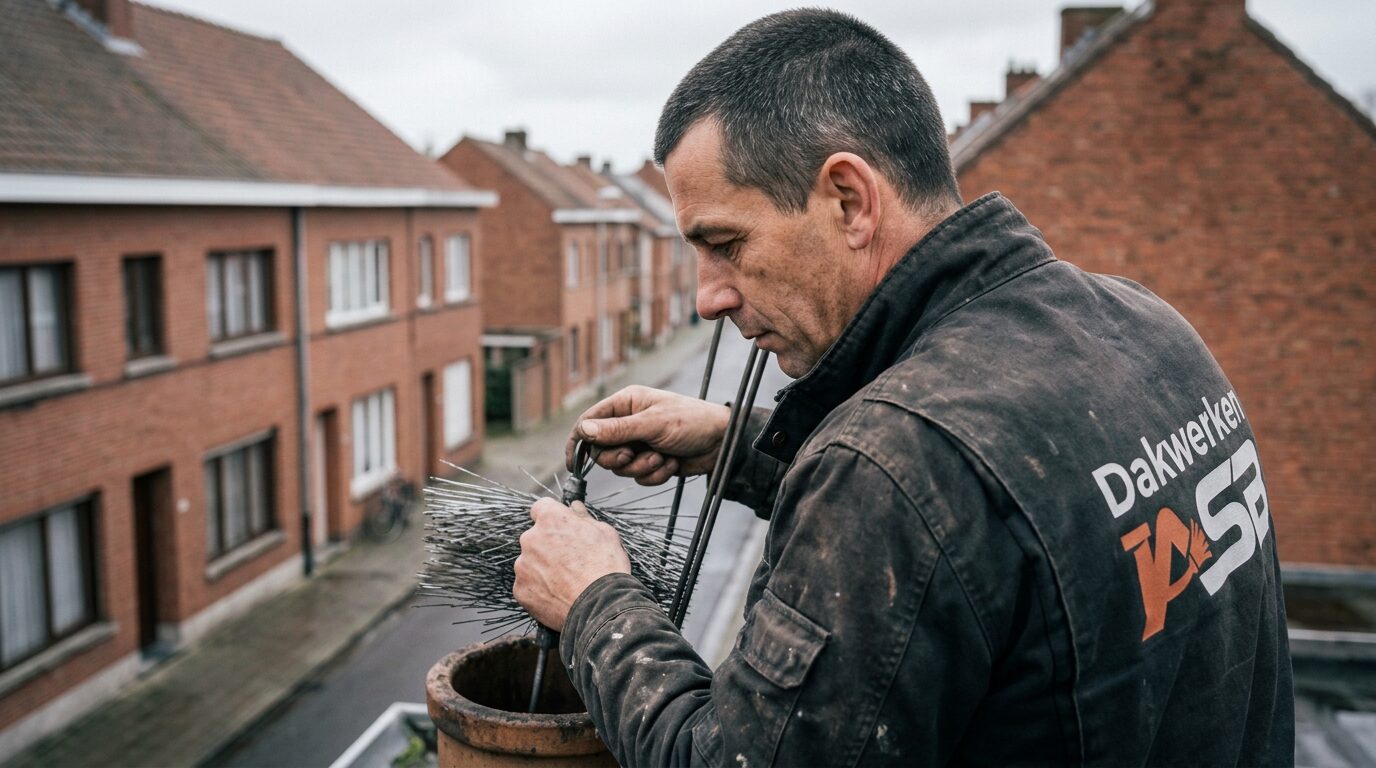 Vakman aan het werk op het dak
