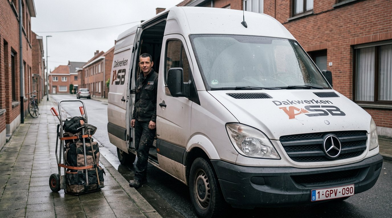 Schoorsteenveger van Dakwerken ASB bij de bestelwagen